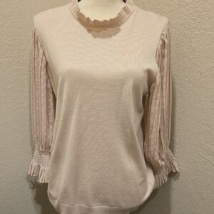 Elegant Peach Blouse with Sheer Pleated Sleeves